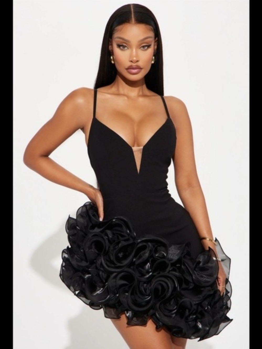 Fashion Nova Black Spaghetti-Strap Mini Dress with Ruffled Rosette Hem